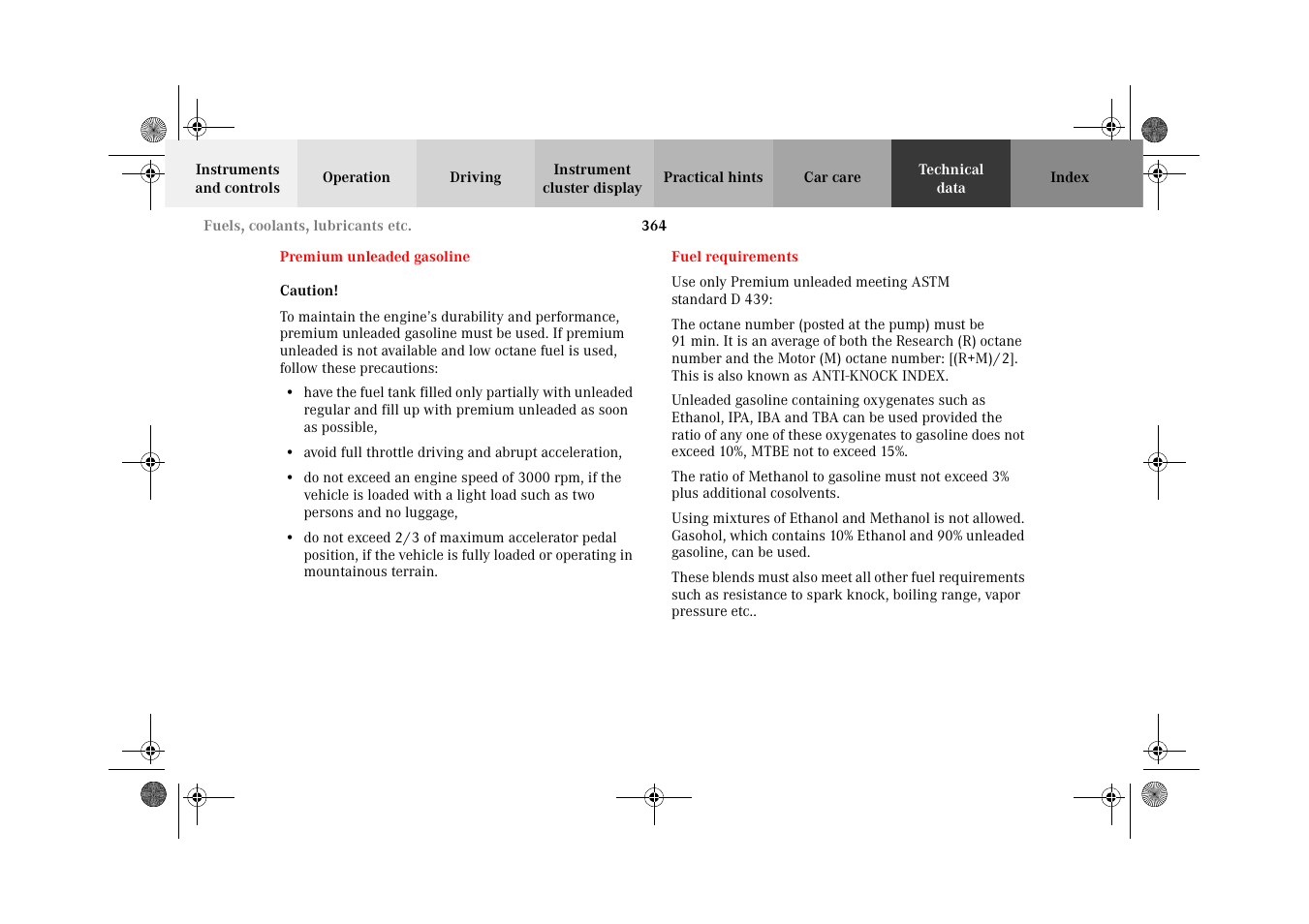 Premium unleaded gasoline, Fuel requirements, Premium unleaded gasoline fuel requirements | Mercedes-Benz 2002 G-Class User Manual | Page 367 / 385