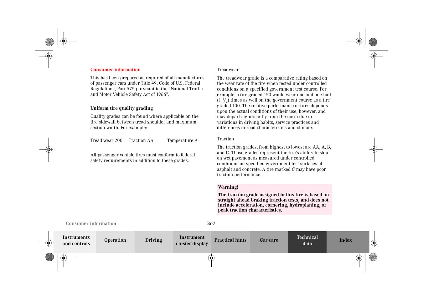 Consumer information, Uniform tire quality grading | Mercedes-Benz 2002 G-Class User Manual | Page 370 / 385