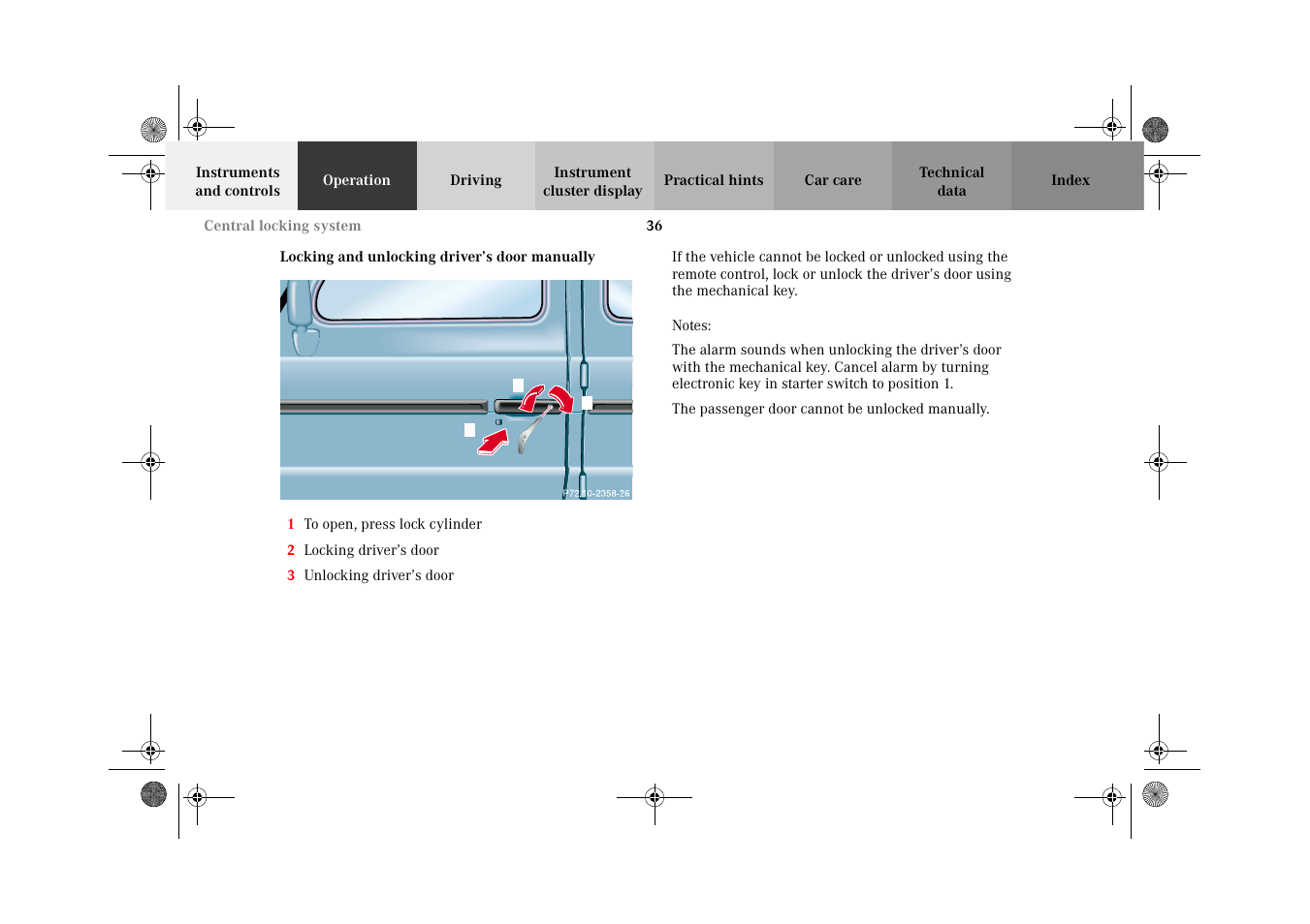 Locking and unlocking driver’s door manually | Mercedes-Benz 2002 G-Class User Manual | Page 39 / 385