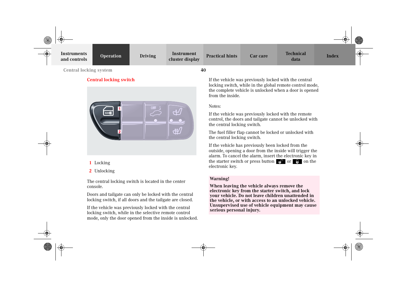 Central locking switch | Mercedes-Benz 2002 G-Class User Manual | Page 43 / 385