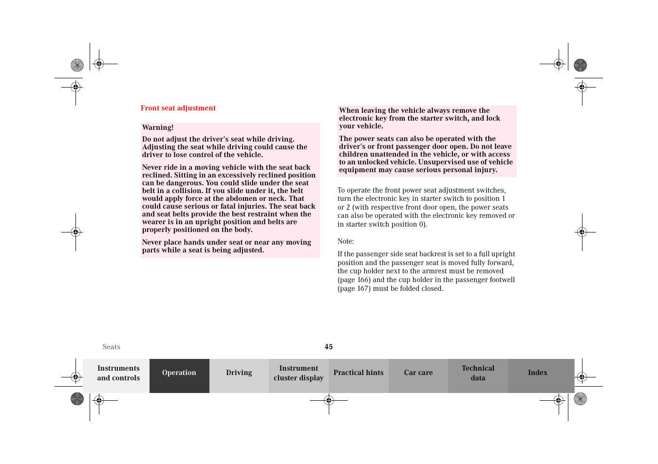 Front seat adjustment | Mercedes-Benz 2002 G-Class User Manual | Page 48 / 385