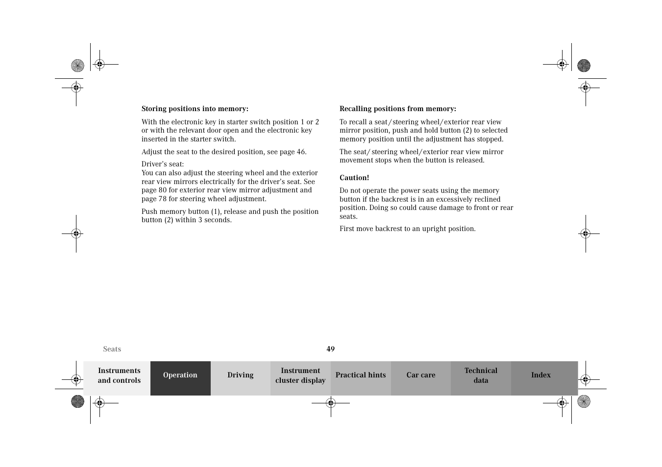 Storing positions into memory, Recalling positions from memory | Mercedes-Benz 2002 G-Class User Manual | Page 52 / 385