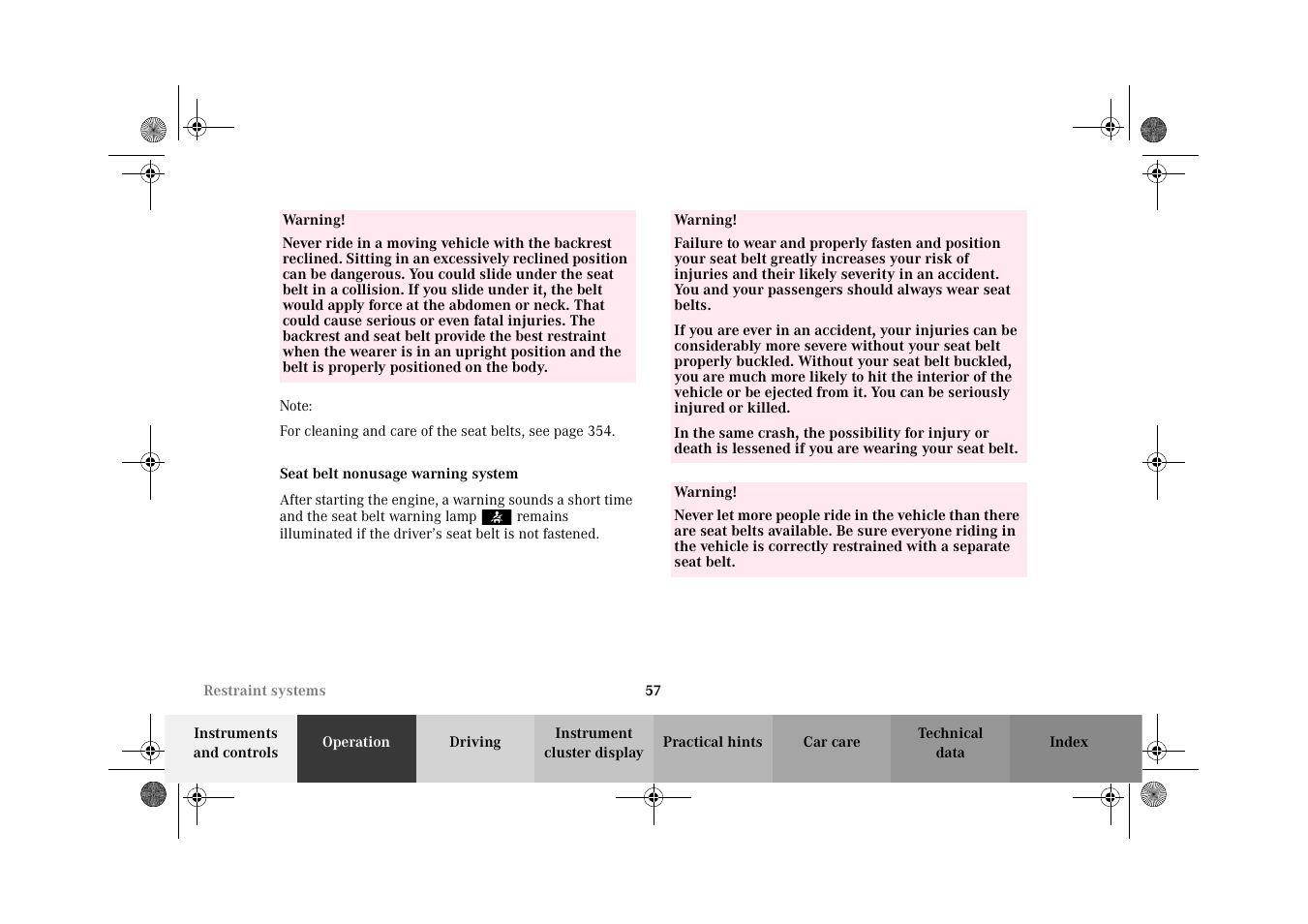 Seat belt nonusage warning system | Mercedes-Benz 2002 G-Class User Manual | Page 60 / 385
