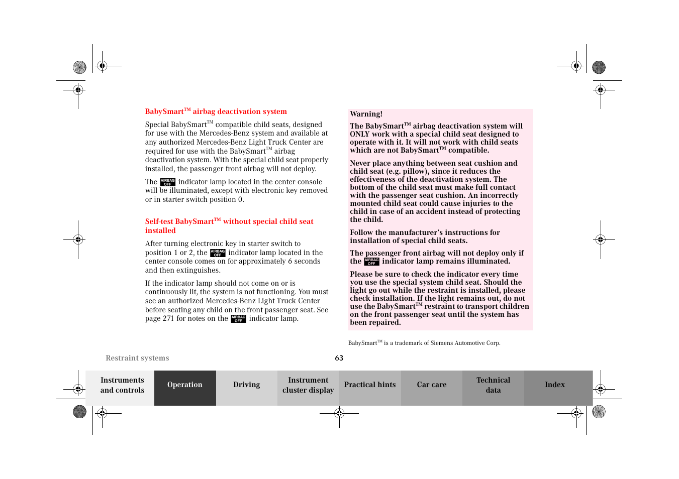 Babysmarttm airbag deactivation system, Babysmart, Self-test babysmart | Mercedes-Benz 2002 G-Class User Manual | Page 66 / 385