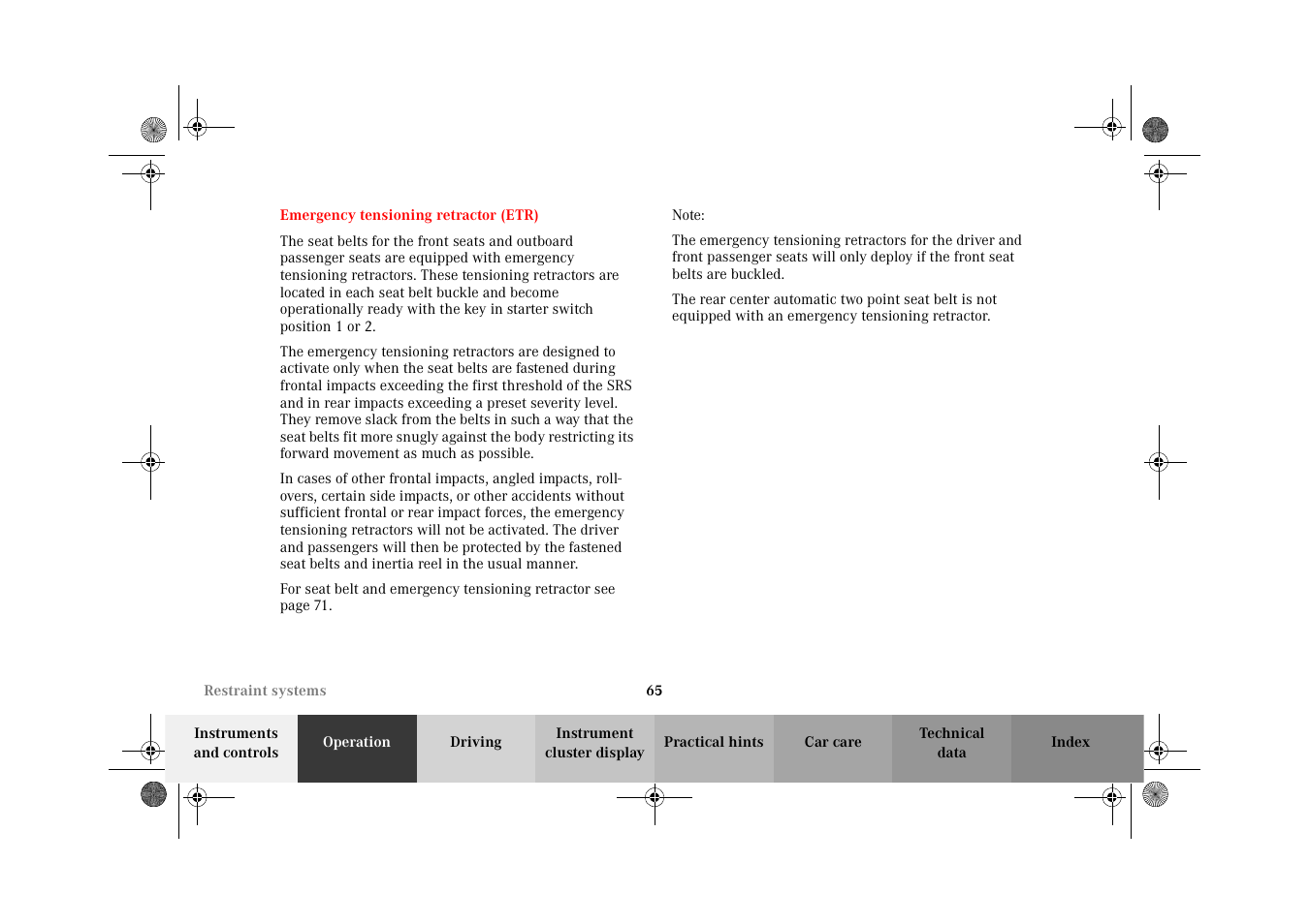 Emergency tensioning retractor (etr), Emergency tensioning retractor, Etr) | Mercedes-Benz 2002 G-Class User Manual | Page 68 / 385