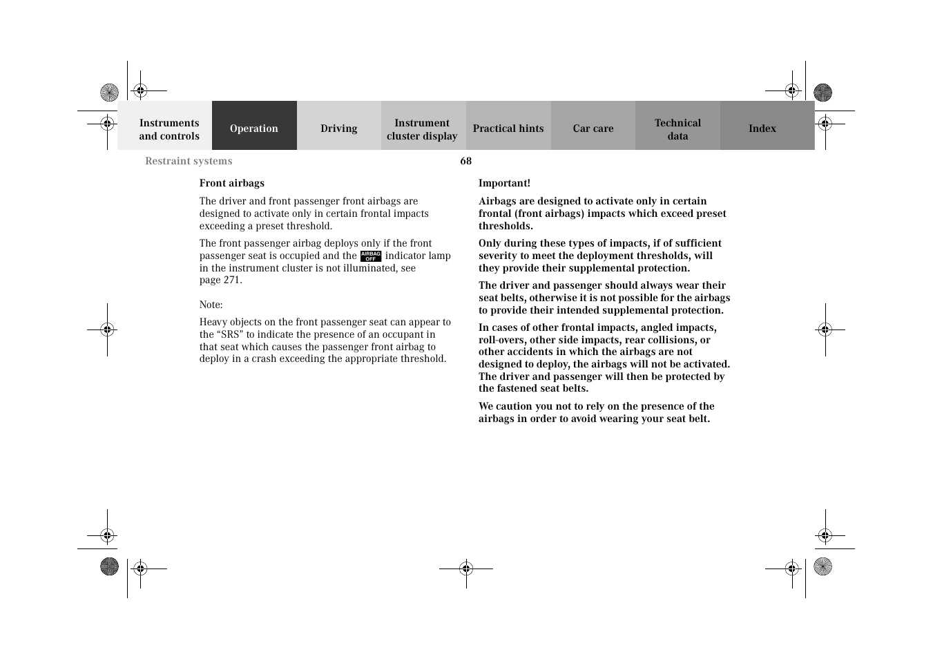 Front airbags | Mercedes-Benz 2002 G-Class User Manual | Page 71 / 385