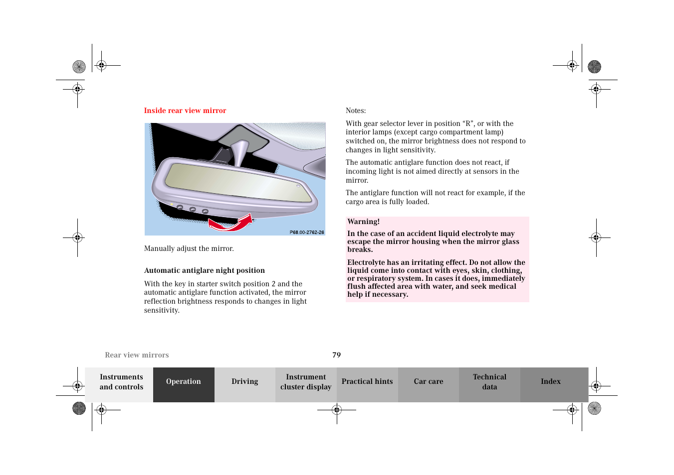 Inside rear view mirror, Antiglare night position | Mercedes-Benz 2002 G-Class User Manual | Page 82 / 385