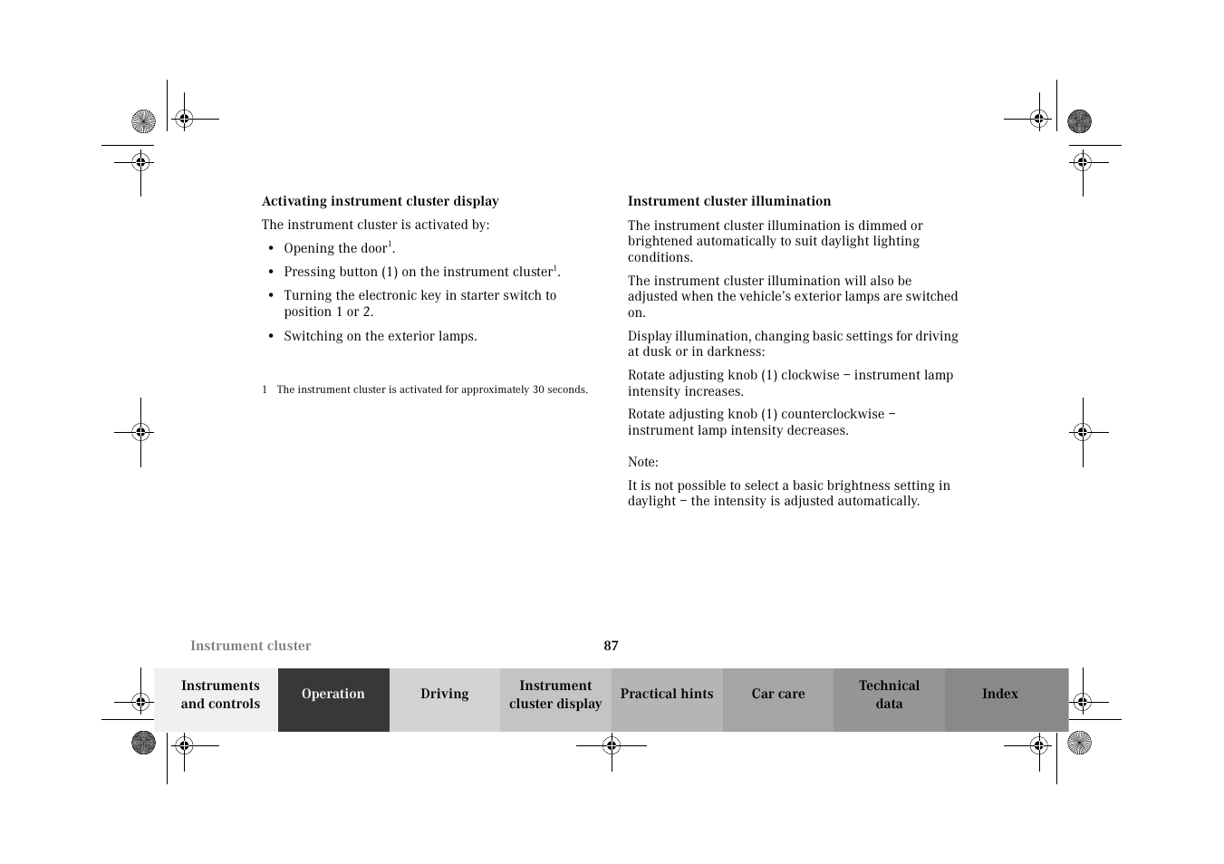 Activating instrument cluster display, Instrument cluster illumination | Mercedes-Benz 2002 G-Class User Manual | Page 90 / 385