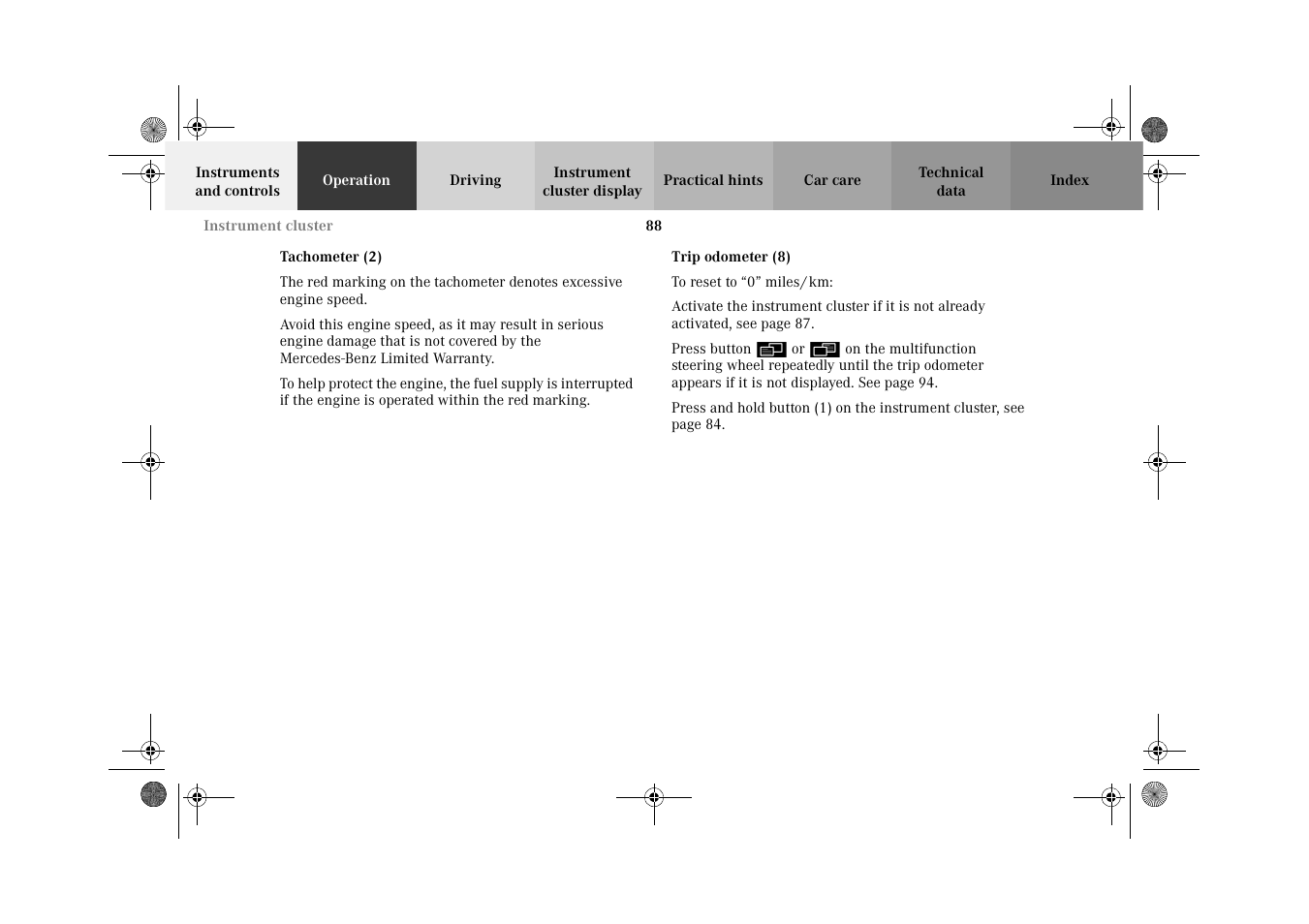 Tachometer (2), Trip odometer (8) | Mercedes-Benz 2002 G-Class User Manual | Page 91 / 385