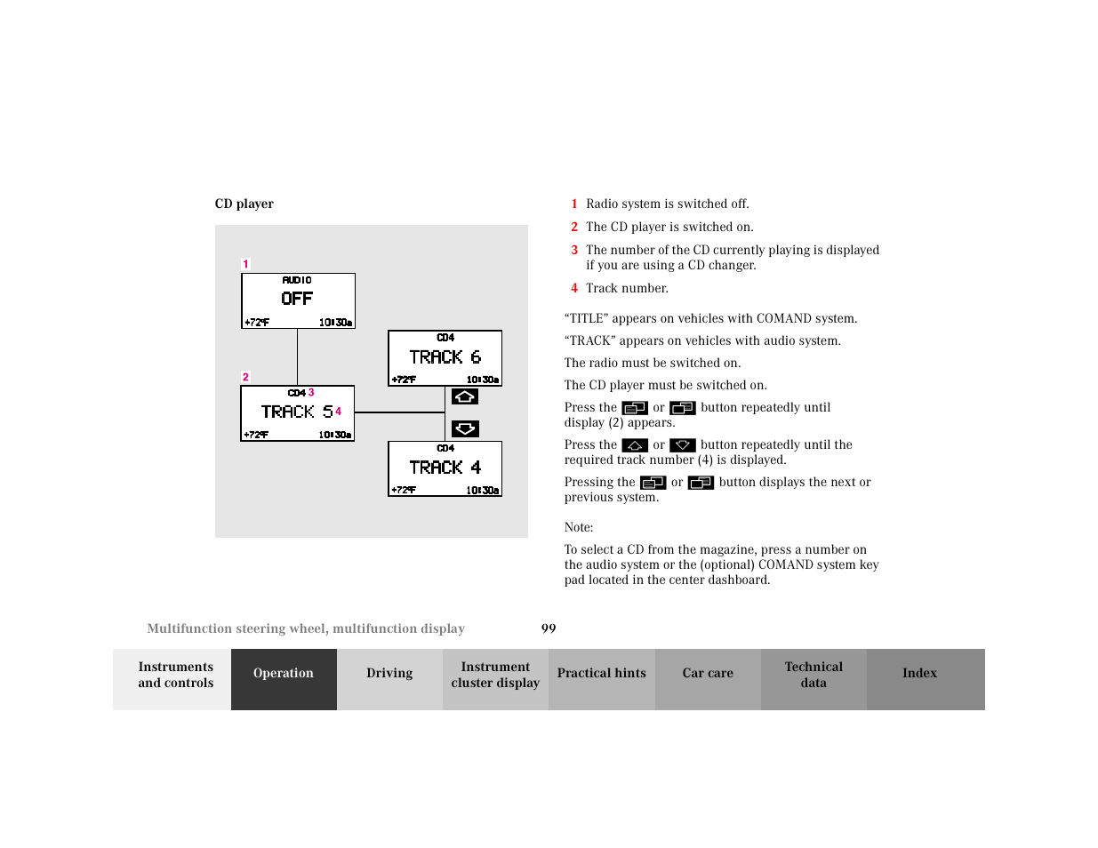 Subsection - audio systems:cd player, Title - audio systems:cd player, Marker - audio systems:cd player | Figure - <graphik, Orderedlist - 1 radio system is switched off, Item - 1 radio system is switched off, Item - 2 the cd player is switched on, Item - 4 track number, Para - title, Quotes - title | Mercedes-Benz 2001 C 320 User Manual | Page 108 / 381