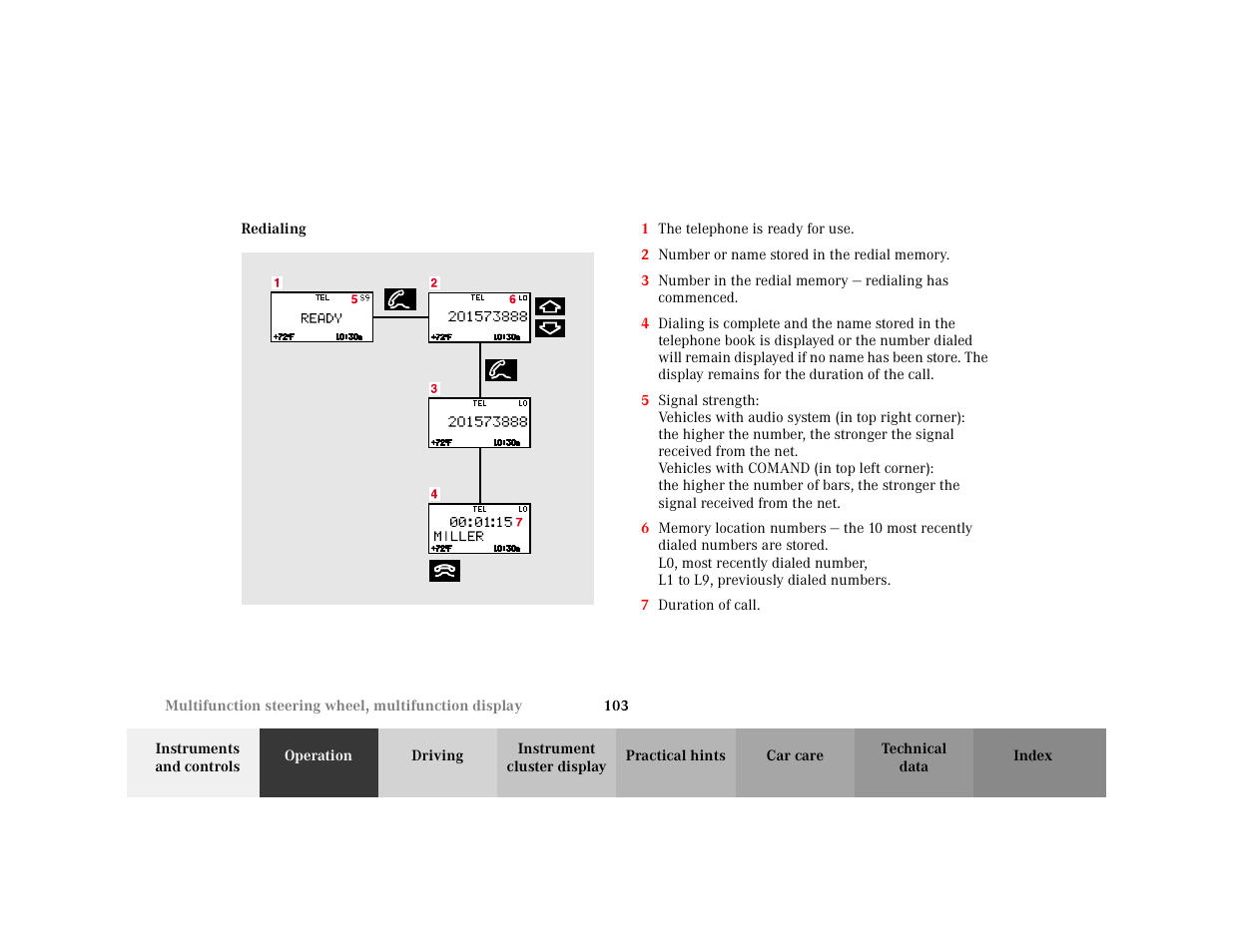 Subsection - telephone:redialing, Title - telephone:redialing, Marker - telephone:redialing | Figure - <graphik, Orderedlist - 1 the telephone is ready for use, Item - 1 the telephone is ready for use, Item - 7 duration of call | Mercedes-Benz 2001 C 320 User Manual | Page 112 / 381