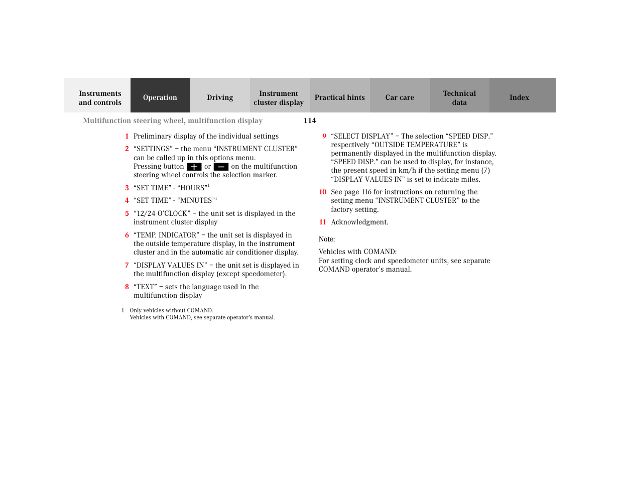 Item - settings, Displaymess - settings, Item - set time | Displaymess - set time, Item - 12/24 o’clock, Displaymess - 12/24 o’clock, Item - temp.indicator, Displaymess - temp.indicator, Item - display values in, Displaymess - display values in | Mercedes-Benz 2001 C 320 User Manual | Page 123 / 381