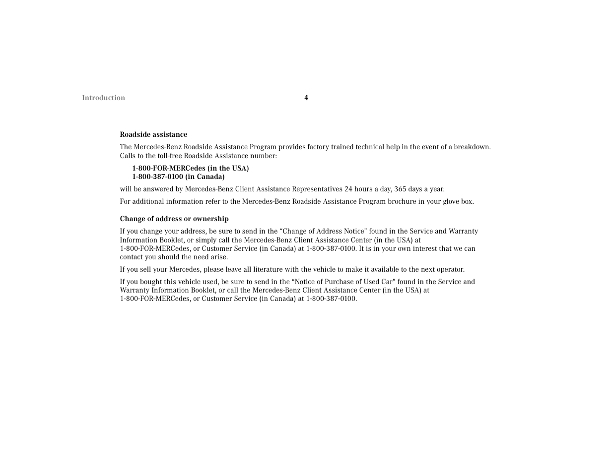 Subtitle - roadside assistance, Bold - roadside assistance, Subtitle - change of address or ownership | Bold - change of address or ownership | Mercedes-Benz 2001 C 320 User Manual | Page 13 / 381