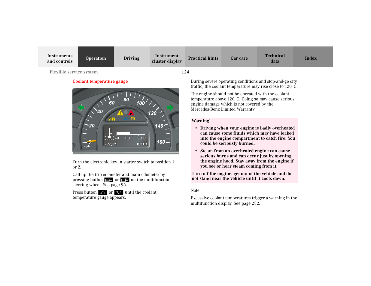 Section - coolant temperature gauge, Title - coolant temperature gauge, Marker - coolant temperature gauge | Figure - <graphik, Warning - <tabelle, Tbody - <tabellenhaupttext, Row - <tabellenreihe, Entry - warning, Para - warning, Note - note | Mercedes-Benz 2001 C 320 User Manual | Page 133 / 381