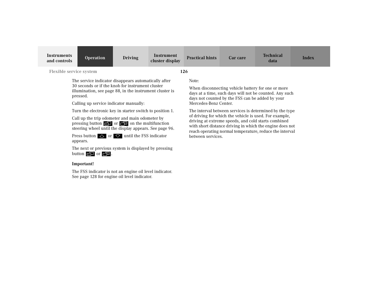 Para - calling up service indicator manually, Para - press button, Important - important | Blocktitle - important, Note - note, Blocktitle - note | Mercedes-Benz 2001 C 320 User Manual | Page 135 / 381