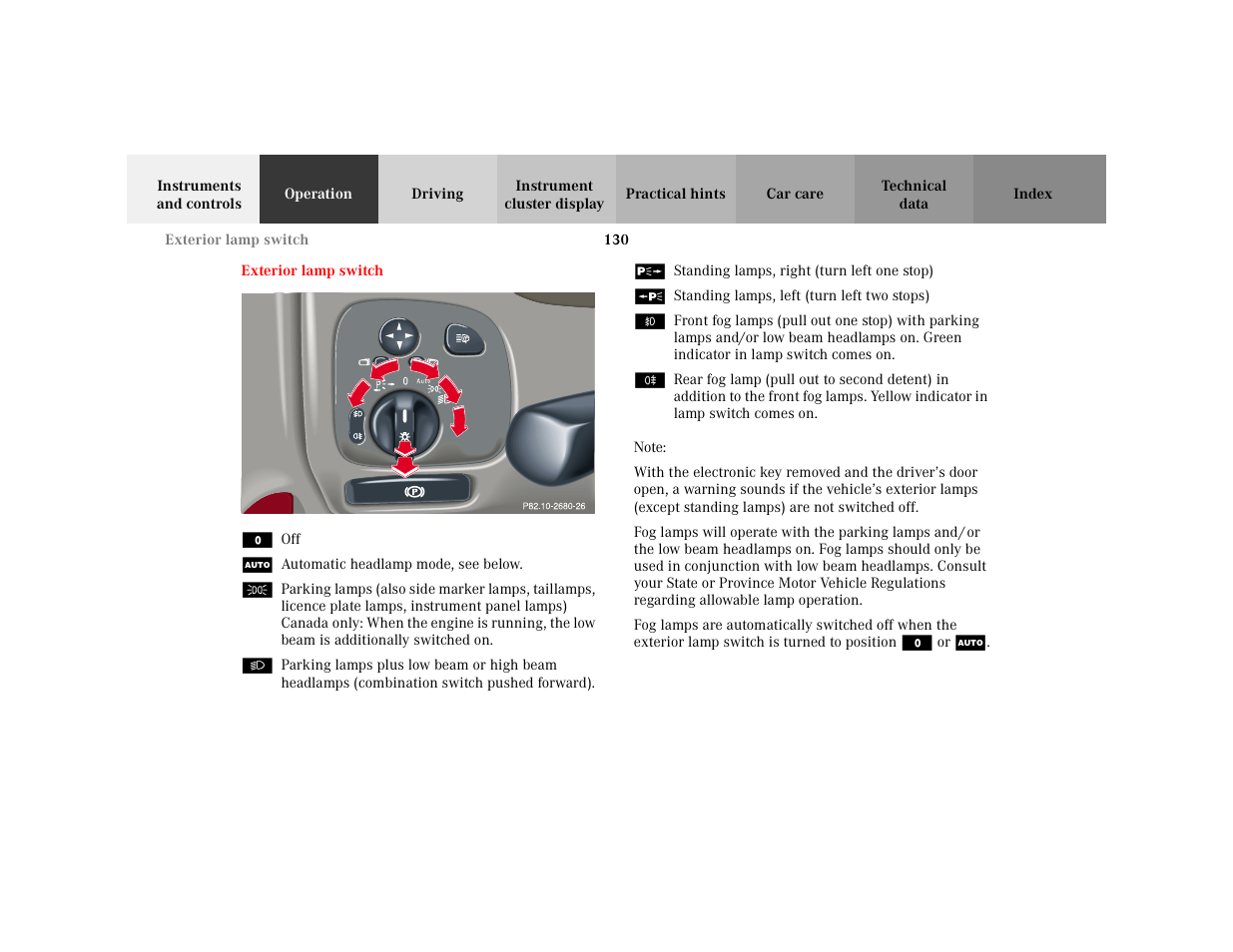 Section - exterior lamp switch, Title - exterior lamp switch, Marker - exterior lamp switch | Figure - <graphik, Definitionlist - m, Definition - m, Specialchar - m, Item - off, Definition - u, Specialchar - u | Mercedes-Benz 2001 C 320 User Manual | Page 139 / 381