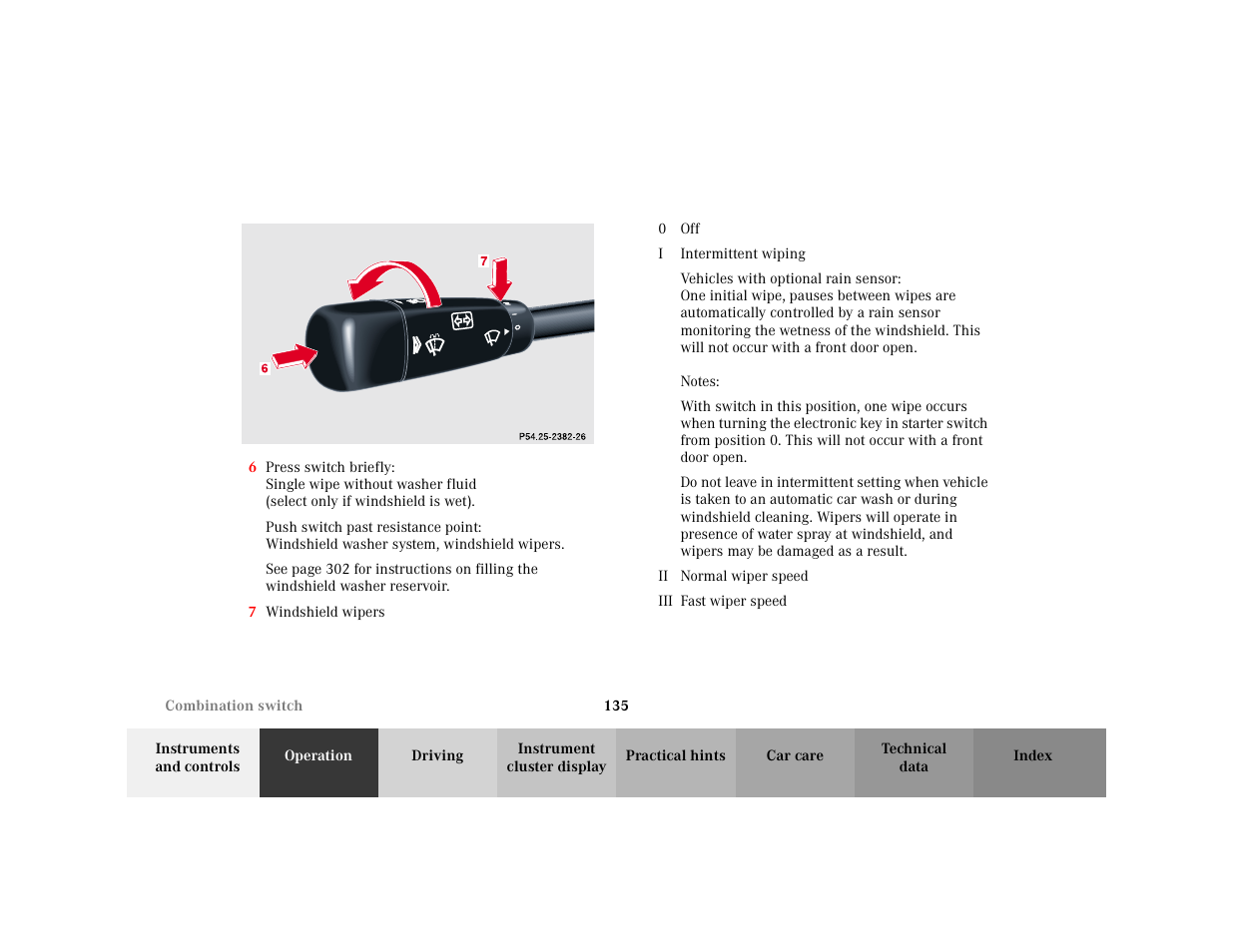 Orderedlist - <graphik, Item - <graphik, Graphic - <graphik | Marker - p54.20-2001-26, Item - 7 windshield wipers, Item - 0, Definitionlist - 0, Definition - 0, Item - off, Definition - i | Mercedes-Benz 2001 C 320 User Manual | Page 144 / 381