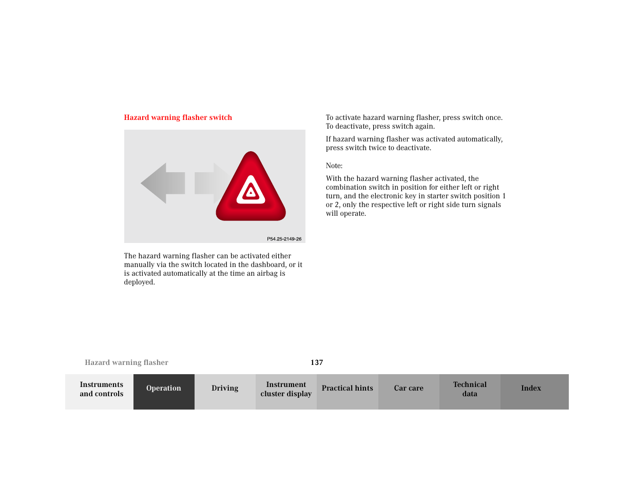 Section - hazard warning flasher, Title - hazard warning flasher, Marker - hazard warning flasher | Figure - <graphik, Note - note, Blocktitle - note | Mercedes-Benz 2001 C 320 User Manual | Page 146 / 381