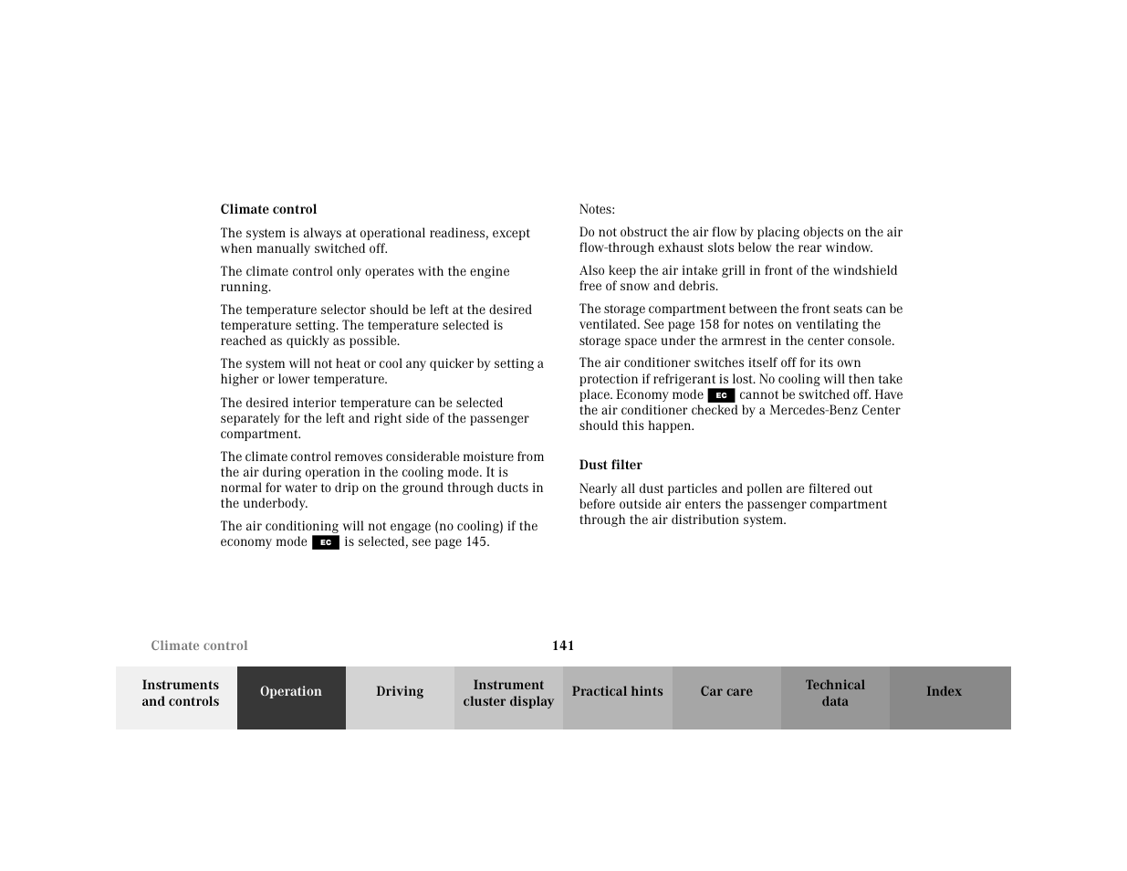 Subsection - climate control, Title - climate control, Note - notes | Blocktitle - notes, Subsection - climate control:dust filter, Title - climate control:dust filter, Marker - climate control:dust filter | Mercedes-Benz 2001 C 320 User Manual | Page 150 / 381