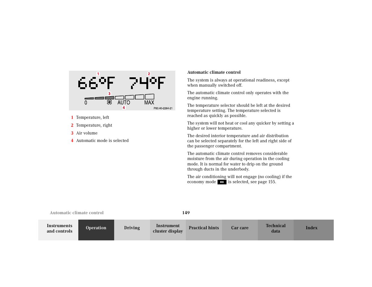 Orderedlist - 1 temperature, left, Item - 1 temperature, left, Item - 2 temperature, right | Item - 3 air volume, Item - 4 automatic mode is selected, Subsection - automatic climate control, Title - automatic climate control | Mercedes-Benz 2001 C 320 User Manual | Page 158 / 381