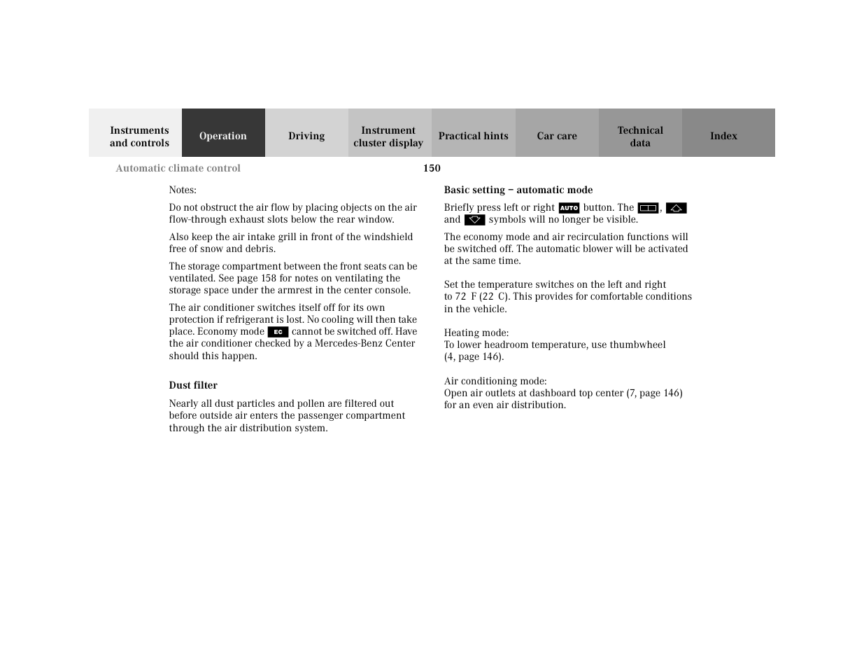 Note - notes, Blocktitle - notes, Subsection - automatic climate control:dust filter | Title - automatic climate control:dust filter, Marker - automatic climate control:dust filter, Title - automatic climate control:basic setting, Marker - automatic climate control:basic setting, Para - briefly press left or right | Mercedes-Benz 2001 C 320 User Manual | Page 159 / 381