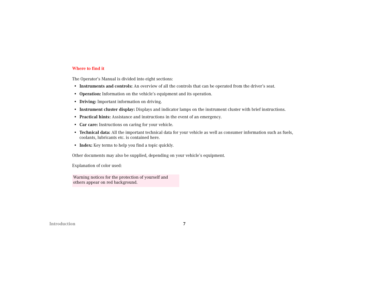 Section - where to find it, Title - where to find it, Marker - where to find it | Itemizedlist - • instruments and controls, Item - • instruments and controls, Bold - • instruments and controls, Item - • operation, Bold - • operation, Item - • driving, Bold - • driving | Mercedes-Benz 2001 C 320 User Manual | Page 16 / 381