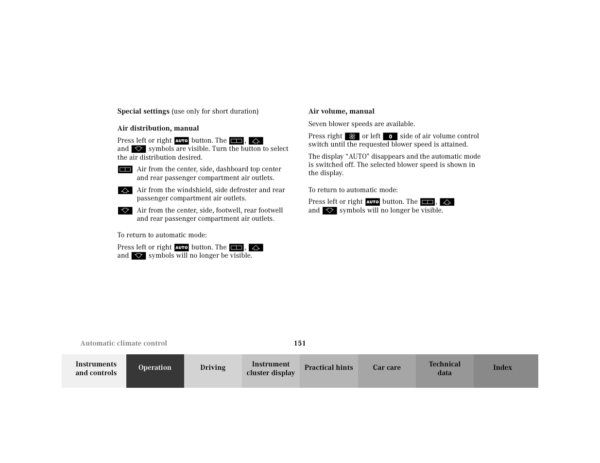 Title - automatic climate control:special settings, Bold - air distribution, manual, Para - press left or right | Definitionlist - h, Definition - h, Specialchar - h, Definition - j, Specialchar - j, Definition - k, Specialchar - k | Mercedes-Benz 2001 C 320 User Manual | Page 160 / 381