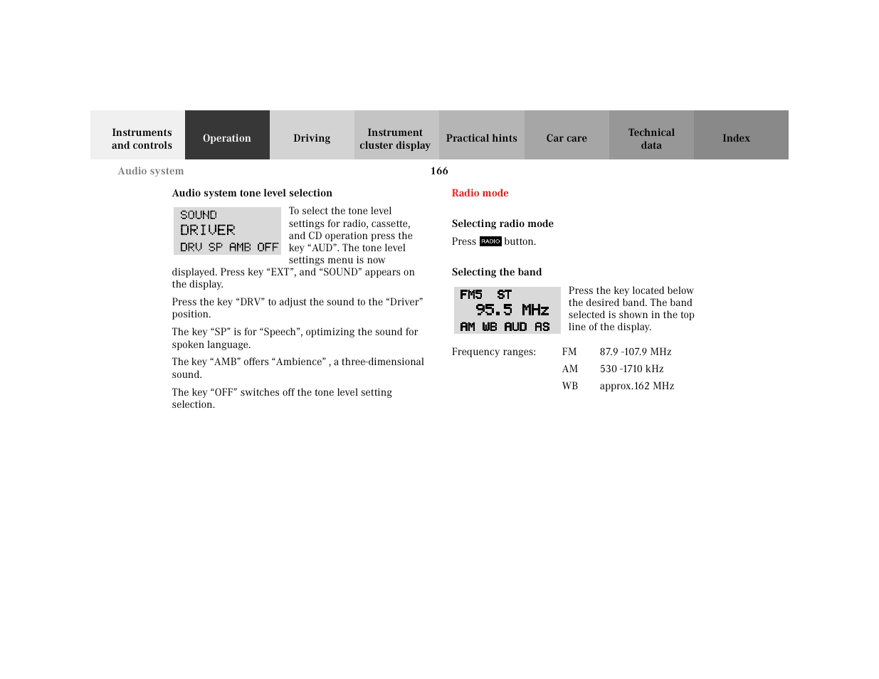 Subsection - audio system tone level selection, Title - audio system tone level selection, Marker - audio system tone level selection | Para - press the key, Para - the key, Section - radio mode, Title - radio mode, Marker - radio mode, Subsection - selecting radio mode, Title - selecting radio mode | Mercedes-Benz 2001 C 320 User Manual | Page 175 / 381