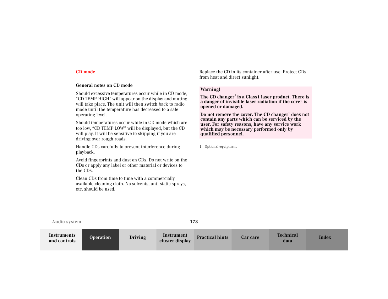 Section - cd mode, Title - cd mode, Subsection - general notes on cd mode | Title - general notes on cd mode, Marker - general notes on cd mode, Warning - <tabelle, Tbody - <tabellenhaupttext, Row - <tabellenreihe, Entry - warning, Para - warning | Mercedes-Benz 2001 C 320 User Manual | Page 182 / 381