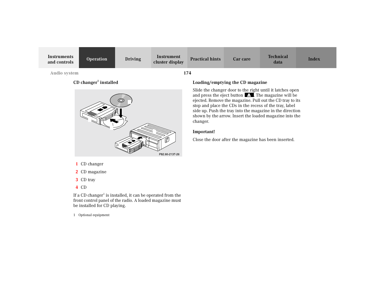 Subsection - cd changer, Title - cd changer, Figure - <graphik | Orderedlist - 1 cd changer, Item - 1 cd changer, Item - 2 cd magazine, Item - 3 cd tray, Item - 4 cd, Para - if a cd changer, Subsection - loading/emptying the cd magazine | Mercedes-Benz 2001 C 320 User Manual | Page 183 / 381