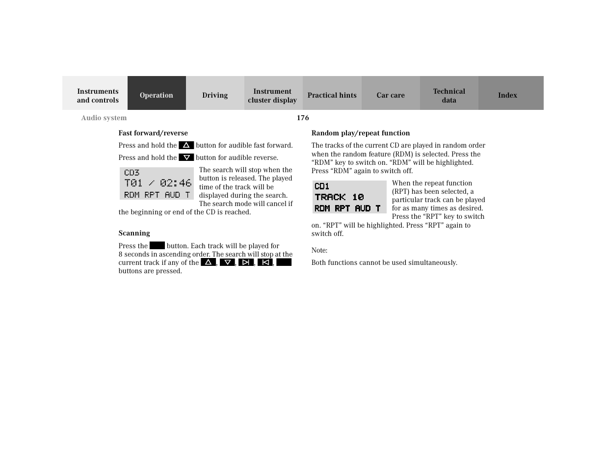 Subsection - fast forward/reverse, Title - fast forward/reverse, Marker - fast forward/reverse | Para - press and hold the, Para - <graphik, Symbol - <graphik, Subsection - scanning, Title - scanning, Marker - scanning, Para - press the | Mercedes-Benz 2001 C 320 User Manual | Page 185 / 381