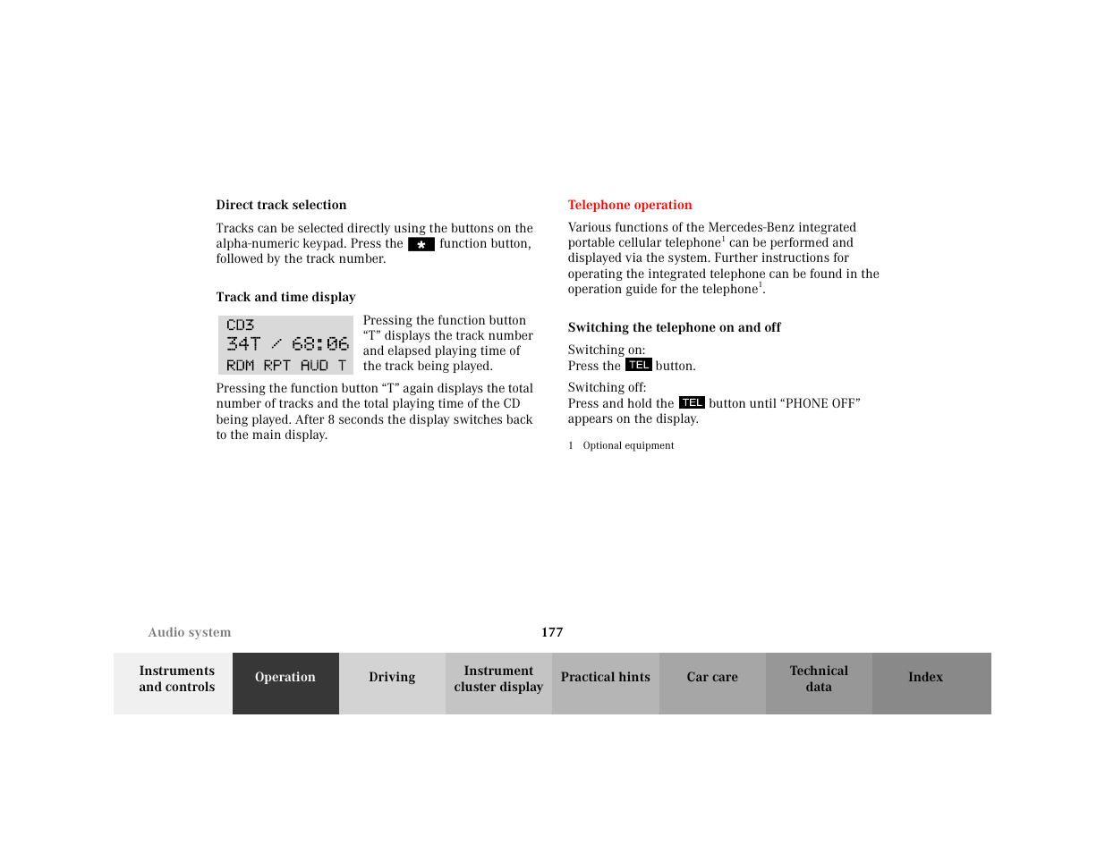 Subsection - direct track selection, Title - direct track selection, Marker - direct track selection | Subsection, Title, Marker, Para - <graphik, Symbol - <graphik, Para - pressing the function button, Section - telephone operation | Mercedes-Benz 2001 C 320 User Manual | Page 186 / 381