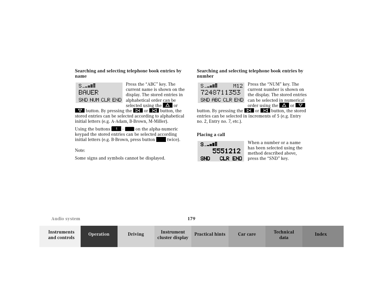 Para - <graphik, Symbol - <graphik, Para - using the buttons | Note - note, Blocktitle - note, Para - some signs and symbols cannot be displayed, Subsection - placing a call, Title - placing a call, Marker - placing a call | Mercedes-Benz 2001 C 320 User Manual | Page 188 / 381