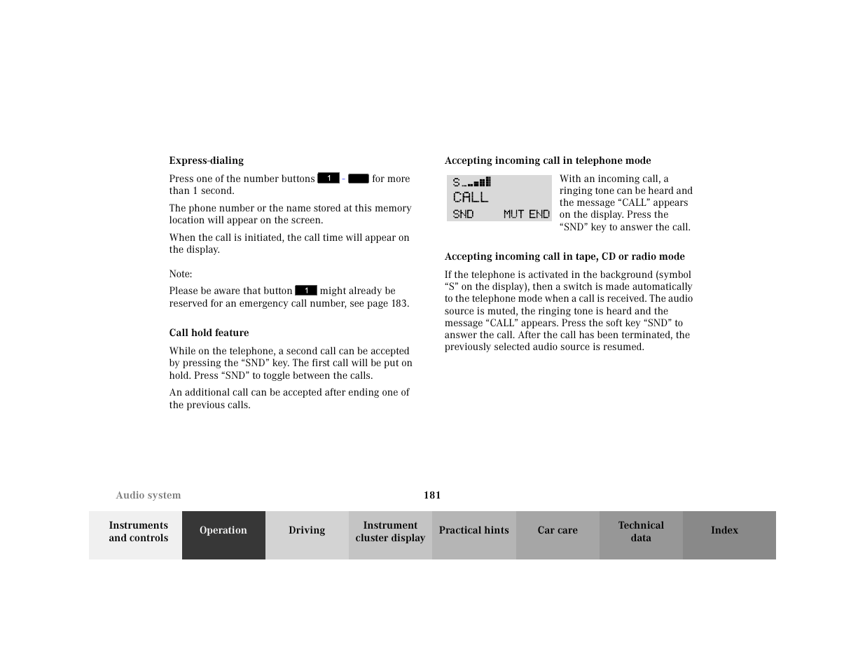 Subsection - turbo-dialing, Title - turbo-dialing, Marker - turbo-dialing | Para - press one of the number buttons, Note - note, Blocktitle - note, Para - please be aware that button, Subsection - multi party call, Title - multi party call, Marker - multi party call | Mercedes-Benz 2001 C 320 User Manual | Page 190 / 381