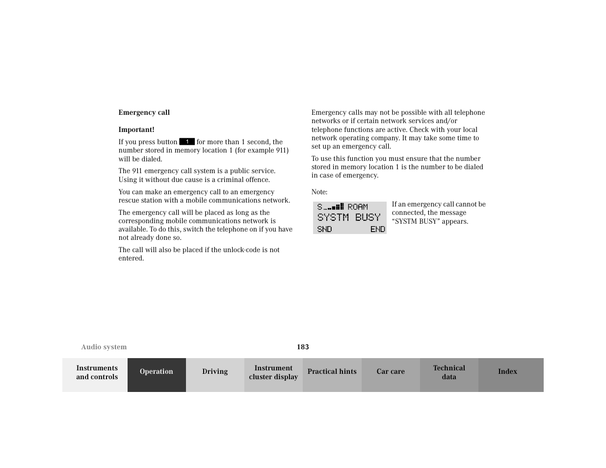 Subsection - emergency call, Title - emergency call, Important - important | Blocktitle - important, Para - if you press button, Note - note, Blocktitle - note, Para - <graphik, Symbol - <graphik | Mercedes-Benz 2001 C 320 User Manual | Page 192 / 381