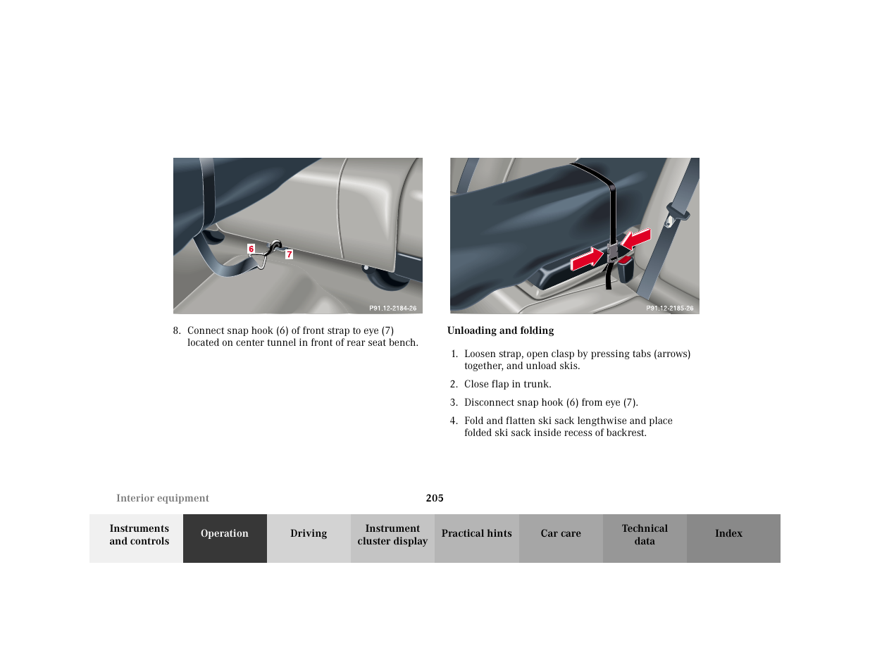 Item - <graphik, Graphic - <graphik, Subtitle - unloading and folding | Bold - unloading and folding, Item - 2. close flap in trunk, Item - 3. disconnect snap hook(6) from eye(7) | Mercedes-Benz 2001 C 320 User Manual | Page 214 / 381