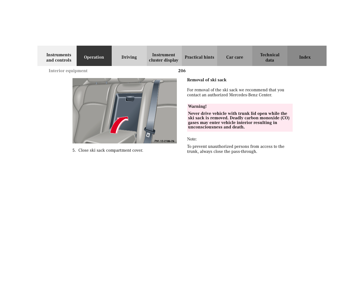 Item - <graphik, Graphic - <graphik, Subsection - removal of ski sack | Title - removal of ski sack, Note - note, Blocktitle - note | Mercedes-Benz 2001 C 320 User Manual | Page 215 / 381