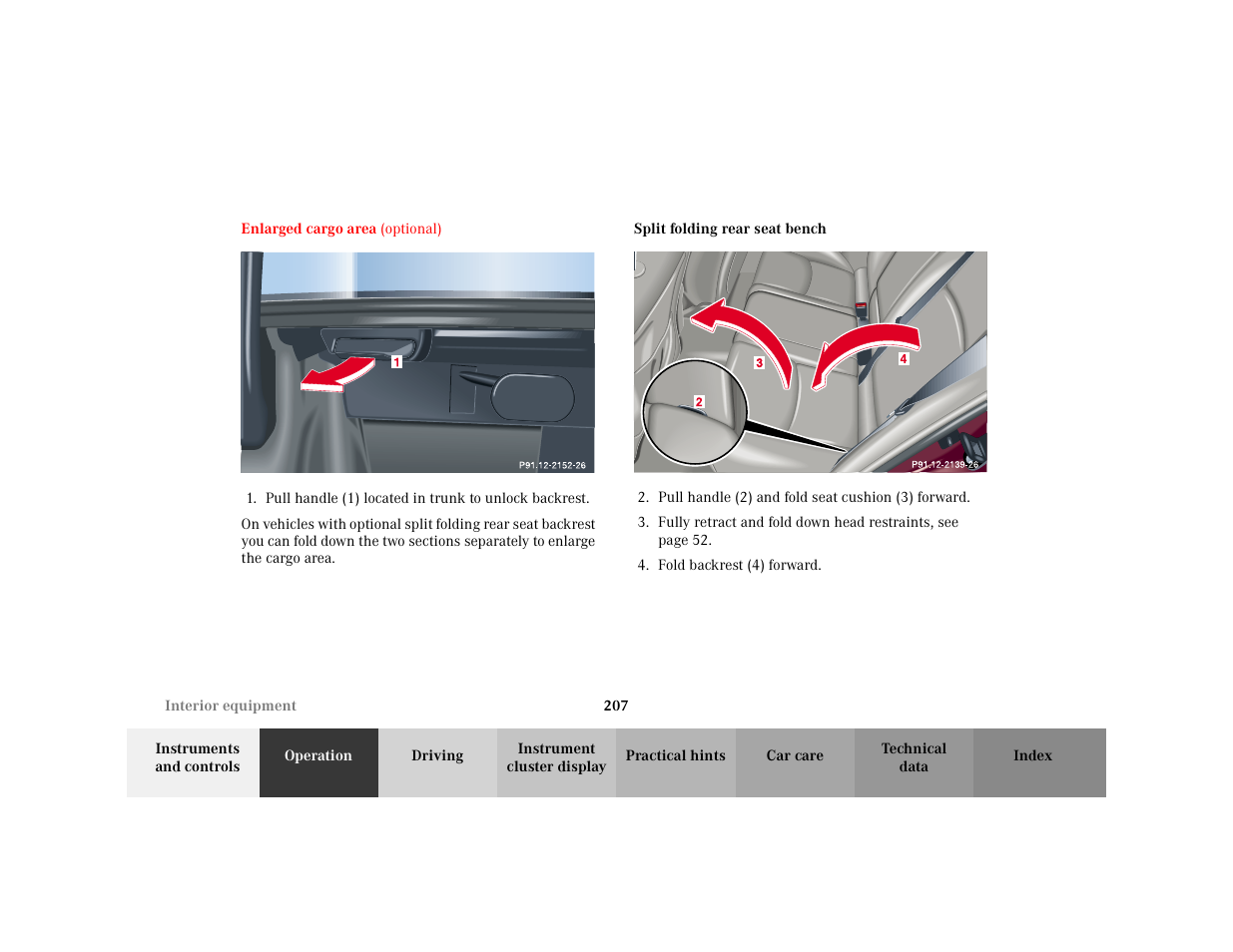 Section - enlarged cargo area, Title - enlarged cargo area, Figure - <graphik | Subsection - split folding rear seat bench, Title - split folding rear seat bench, Item - 4. fold backrest (4) forward | Mercedes-Benz 2001 C 320 User Manual | Page 216 / 381
