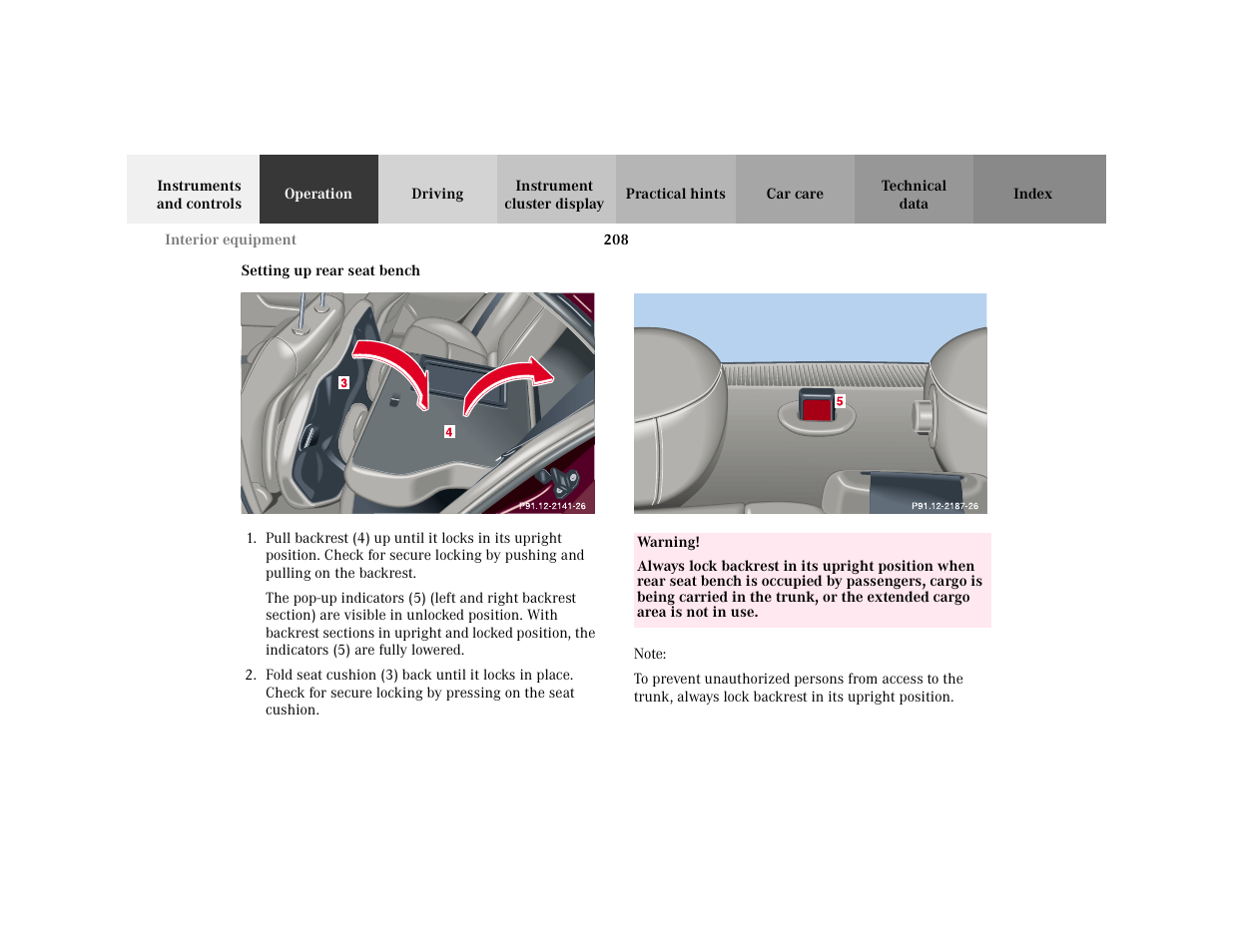 Subsection - setting up rear seat bench, Title - setting up rear seat bench, Bold - setting up rear seat bench | Figure - <graphik, Subsection, Title, Warning - <tabelle, Tbody - <tabellenhaupttext, Row - <tabellenreihe, Entry - warning | Mercedes-Benz 2001 C 320 User Manual | Page 217 / 381