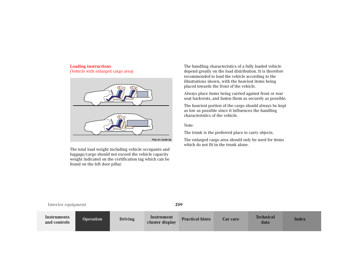 Section - loading instructions, Title - loading instructions, Figure - <graphik | Note - note, Blocktitle - note, Warning - <tabelle, Tbody - <tabellenhaupttext, Row - <tabellenreihe, Entry | Mercedes-Benz 2001 C 320 User Manual | Page 218 / 381