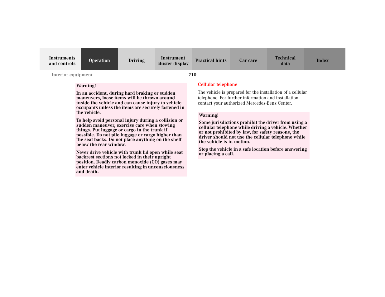 Row - <tabellenreihe, Entry - warning, Para - warning | Section - cellular telephone, Title - cellular telephone, Marker - cellular telephone, Warning - <tabelle, Tbody - <tabellenhaupttext | Mercedes-Benz 2001 C 320 User Manual | Page 219 / 381