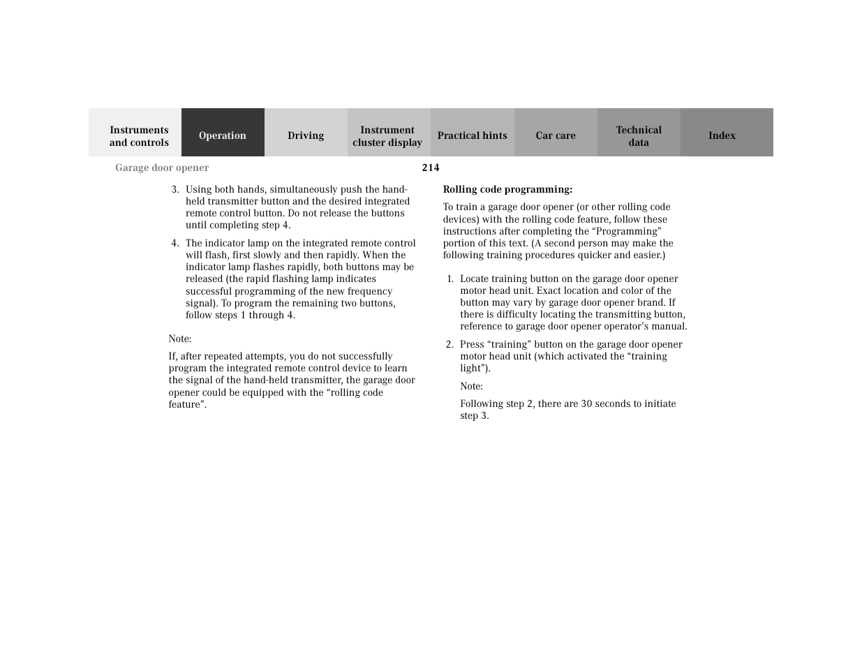 Note - note, Blocktitle - note, Subtitle - rolling code programming | Bold - rolling code programming, Item - 2. press, Itempara - note | Mercedes-Benz 2001 C 320 User Manual | Page 223 / 381