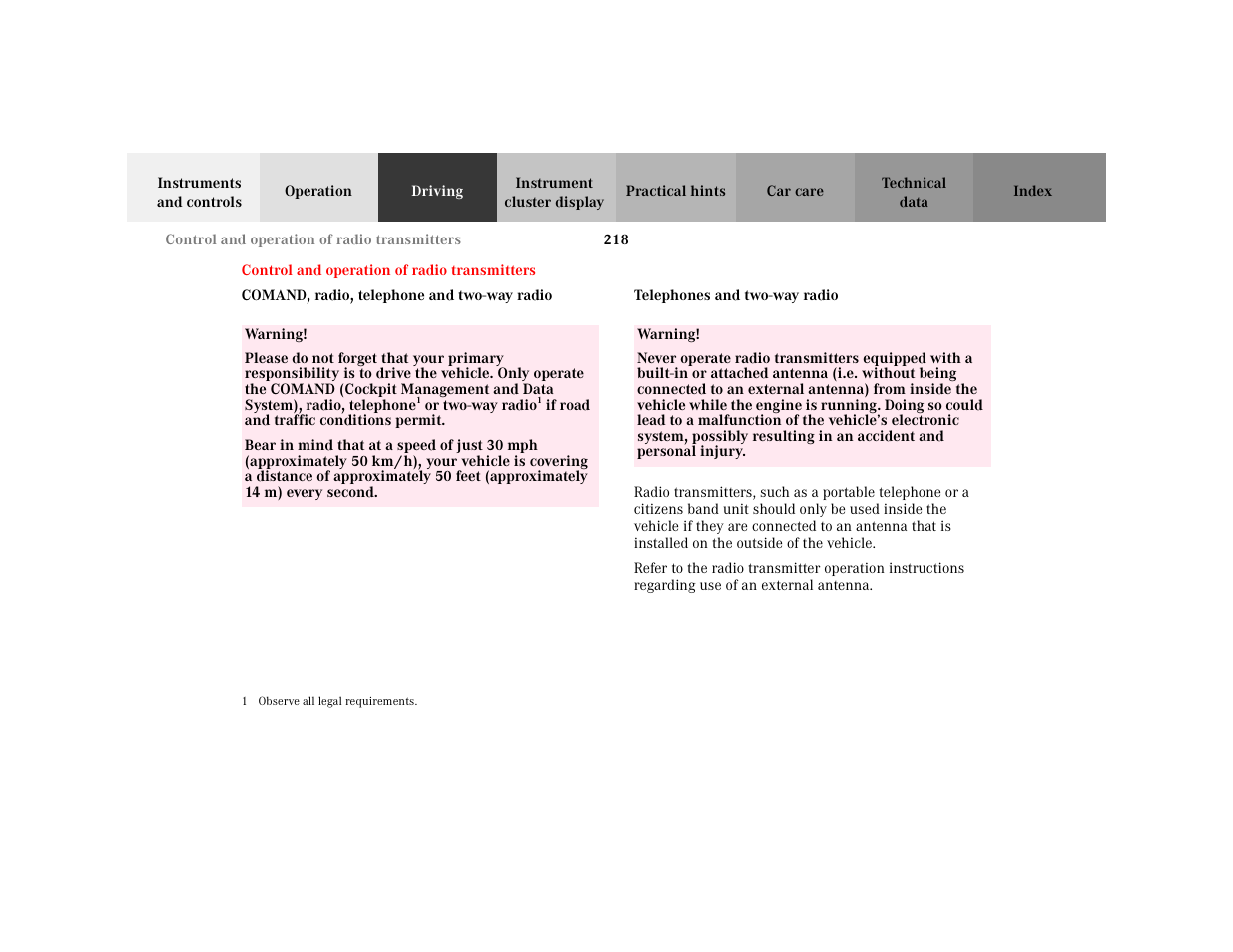 Part - driving, Section - driving, Title - driving | Hypertext - driving, Title - comand, radio, telephone and two-way radio, Capletter - comand, Warning - <tabelle, Tbody - <tabellenhaupttext, Row - <tabellenreihe, Entry - warning | Mercedes-Benz 2001 C 320 User Manual | Page 227 / 381
