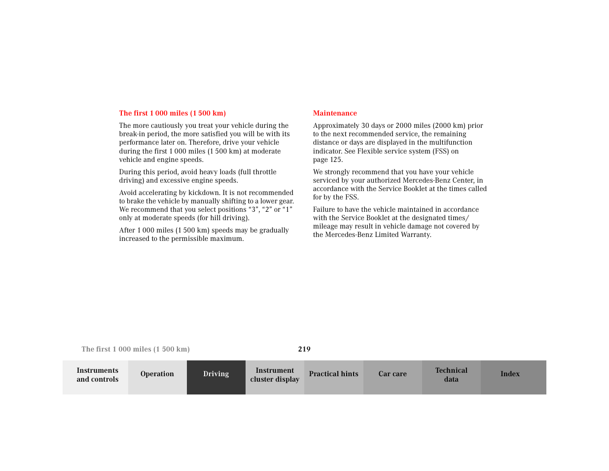 Section - the first 1 000 miles (1 500 km), Title - the first 1 000 miles (1 500 km), Marker - the first 1 000 miles (1 500 km) | Section - maintenance, Title - maintenance, Marker - maintenance | Mercedes-Benz 2001 C 320 User Manual | Page 228 / 381