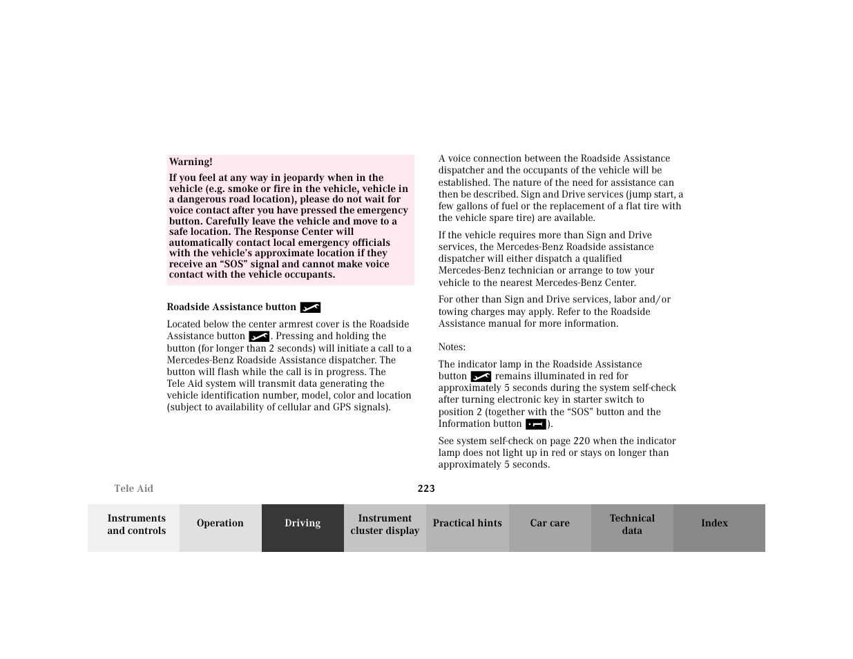 Row - <tabellenreihe, Entry - warning, Para - warning | Subsection - roadside assistance button, Title - roadside assistance button, Note - notes, Blocktitle - notes | Mercedes-Benz 2001 C 320 User Manual | Page 232 / 381