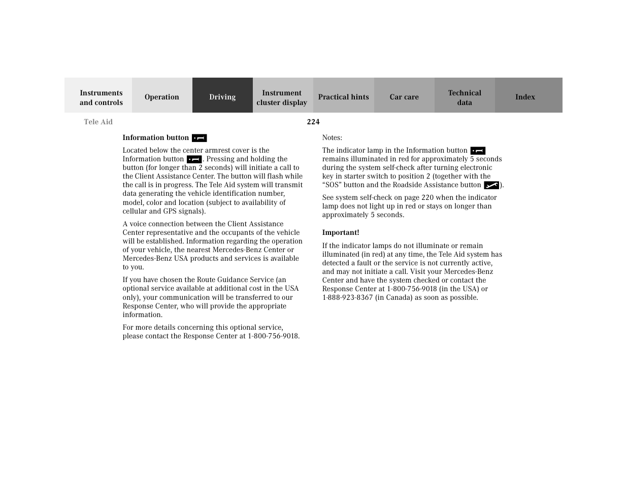 Subsection - information button, Title - information button, Note - notes | Blocktitle - notes, Important - important, Blocktitle - important | Mercedes-Benz 2001 C 320 User Manual | Page 233 / 381