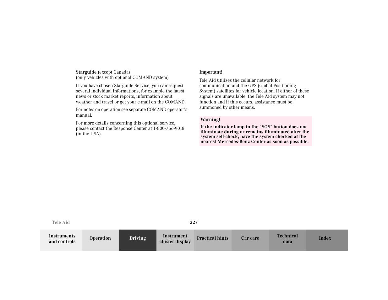 Subsection - starguide, Title - starguide, Para - for notes on operation see separate | Important - important, Blocktitle - important, Warning - <tabelle, Tbody - <tabellenhaupttext, Row - <tabellenreihe, Entry - warning, Para - warning | Mercedes-Benz 2001 C 320 User Manual | Page 236 / 381