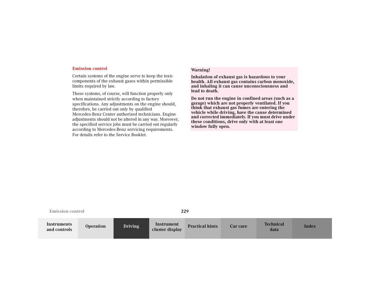 Section - emission control, Title - emission control, Marker - emission control | Para, Warning - <tabelle, Tbody - <tabellenhaupttext, Row - <tabellenreihe, Entry, Entry - warning, Para - warning | Mercedes-Benz 2001 C 320 User Manual | Page 238 / 381