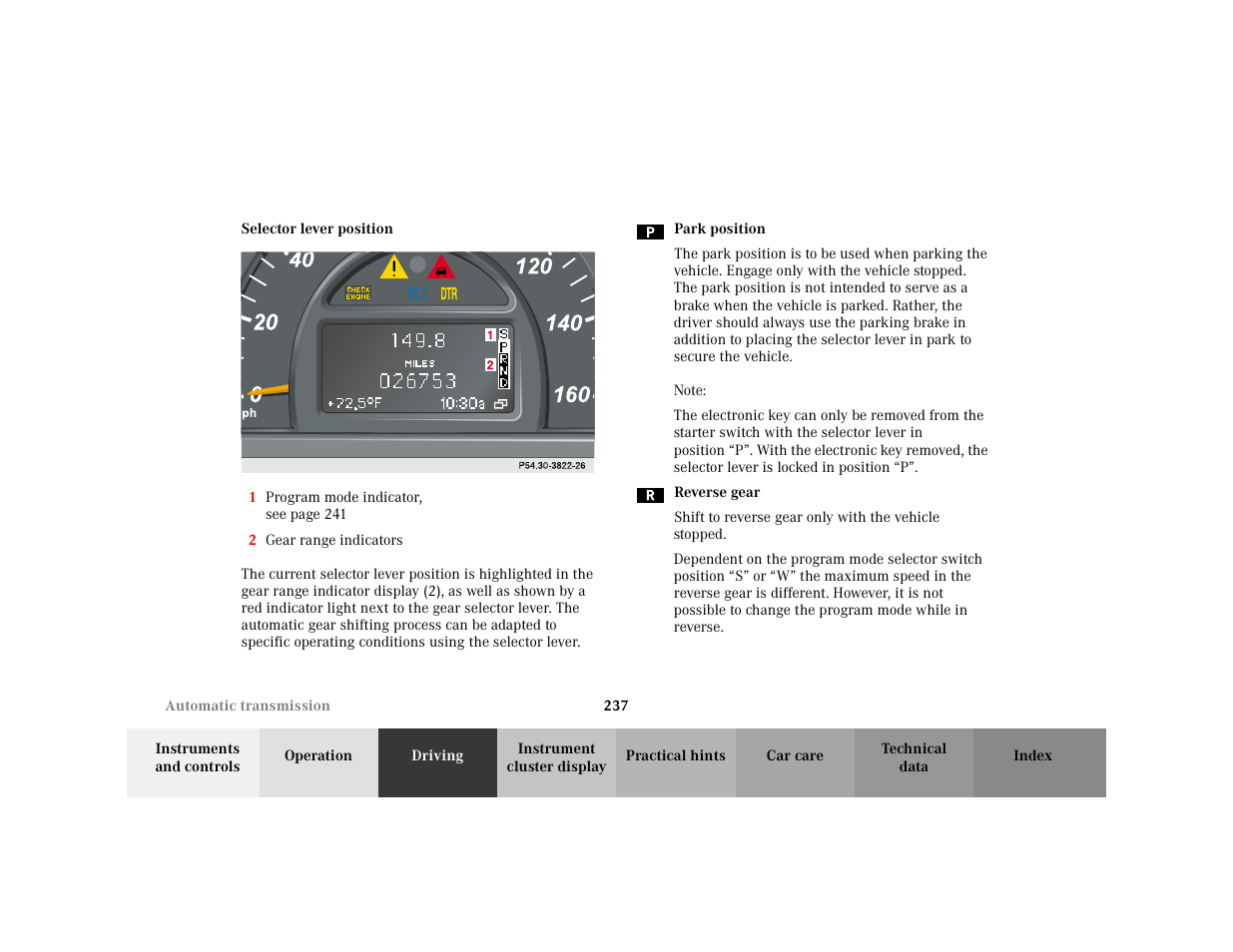 Subsection - p54.30-2521-26, Title - p54.30-2521-26, Marker - p54.30-2521-26 | Figure - <graphik, Item - 2 gear range indicators, Definitionlist - <graphik, Definition - <graphik, Item - park position, Bold - park position, Itempara - note | Mercedes-Benz 2001 C 320 User Manual | Page 246 / 381