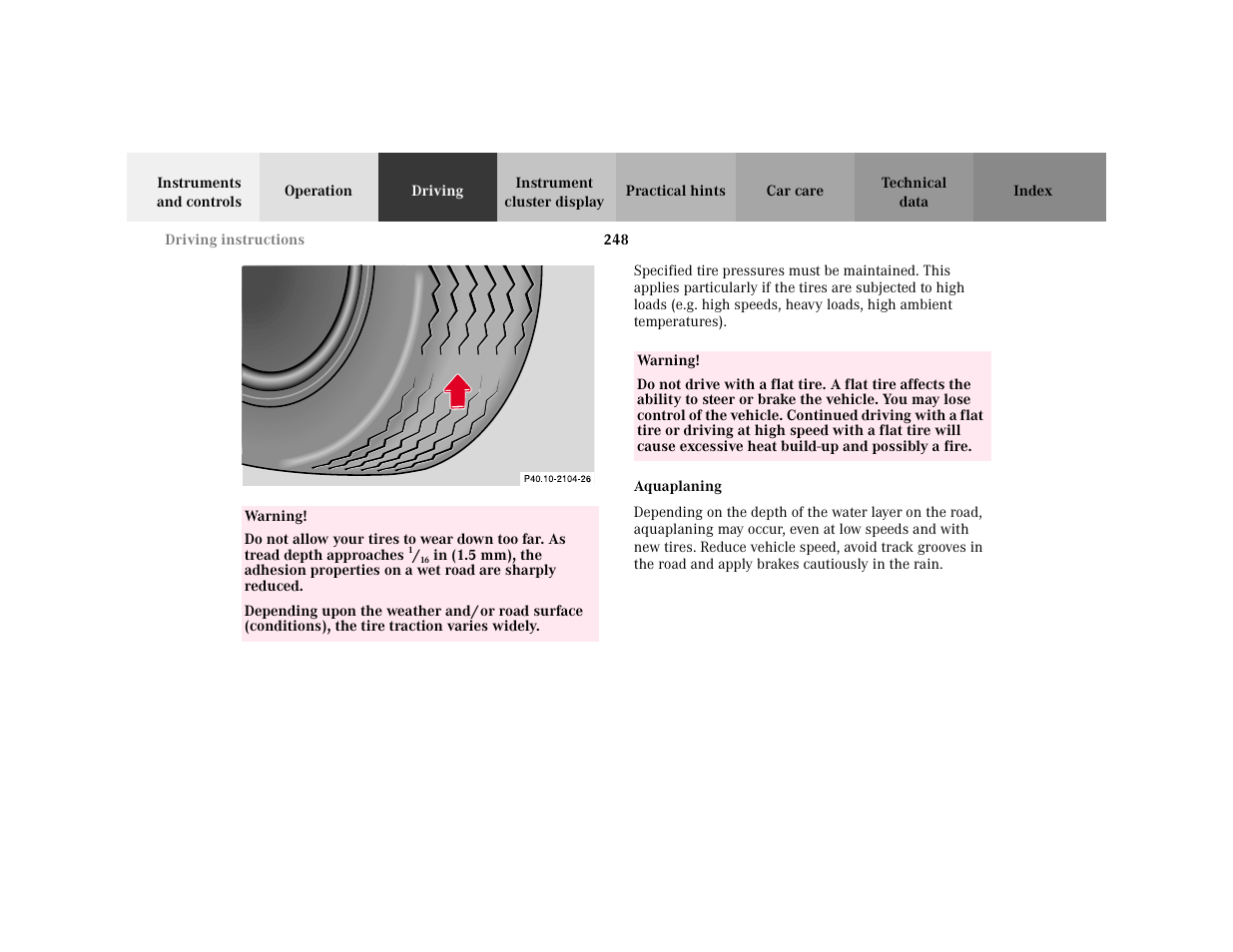 Para - <graphik, Graphic - <graphik, Marker - p40.10-2104-26 | Warning - <tabelle, Tbody - <tabellenhaupttext, Row - <tabellenreihe, Entry - warning, Para - warning, Subtitle - aquaplaning, Bold - aquaplaning | Mercedes-Benz 2001 C 320 User Manual | Page 257 / 381